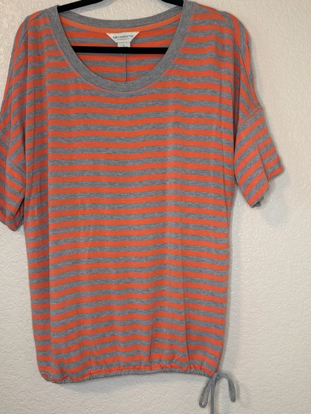 Liz Claiborne Coral and Gray Striped Scoop Neck Tee